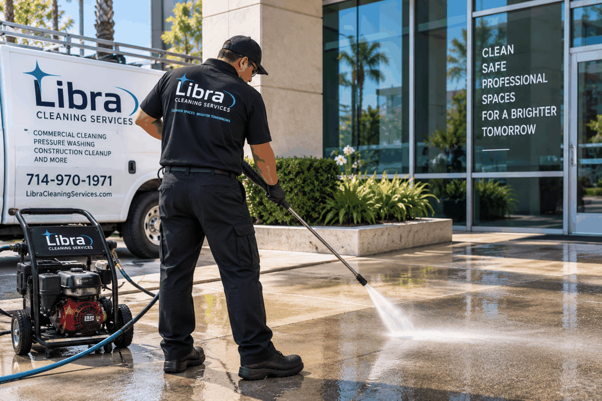 Worker pressure washing pavement outside a commercial building